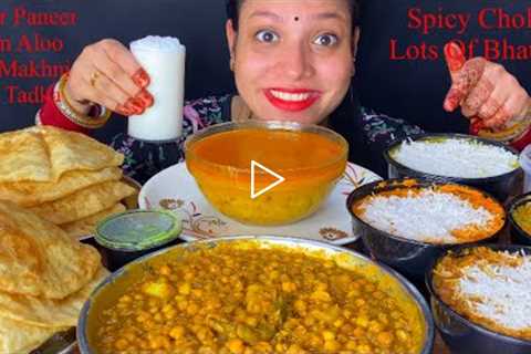 Eating Spicy 🔥 Chole, Lots Of Bhature, Matar Paneer, Dal Tadka, Dal makhani, Dum Aloo, Basmati Rice