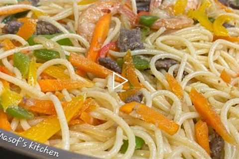 Easy Spaghetti Stir Fry//Beef Pasta Recipe//@Masof's Kitchen