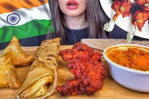 ASMR INDIAN FOOD MUKBANG | EATING PARATHA ROLL, CHICKEN LOLLIPOP, SAMOSA, PANEER MASALA