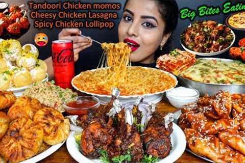 Eating Chicken Lasagna,Lollipop,Tandoori Momos,Egg,Dahi Puri Indian Street Food ASMR Eating Mukbang