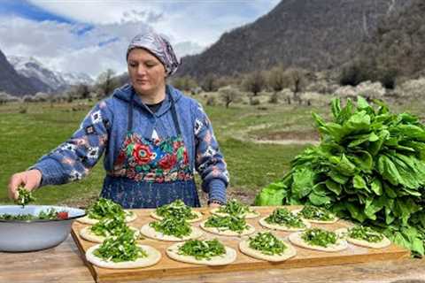 Pies with Fresh Herbs cooked in Nature! Sunny Day in the Village