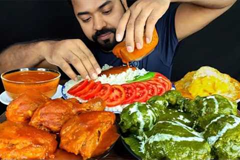 SPICY TANDOORI CHICKEN CURRY, PALAK CHICKEN CURRY, FRIED EGGS, RICE, SALAD ASMR MUKBANG EATING SHOW|