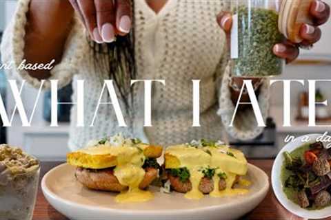 vegan/plant-based what i eat in a day | eggs benedict, cava lemon tahini dupe, banana pudding