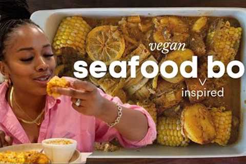 My First Vegan Seafood Inspired Boil | Buttery Corn, Sausage, Mushroom Calamari, Hearts of Palm Crab