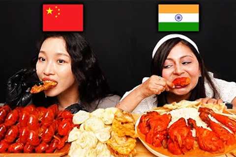 [INDIA vs CHINA] People Try Each Other''s Food! CURRY, SAMOSA, MALALONGSHA, GUOBAOROU (ASMR MUKBANG)