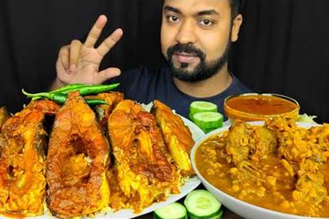 HUGE SPICY BIG FISH CURRY, MUTTON HEAD WITH CHANA DAL, GRAVY, SALAD, RICE MUKBANG ASMR EATING SHOW |