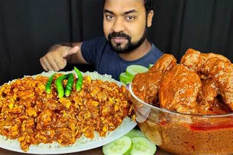 HUGE SPICY CHICKEN MASALA CURRY, EGG BHURJI CURRY, SALAD, RICE, CHILI MUKBANG ASMR EATING SHOW ||