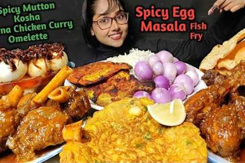 Eating Spicy Egg Masala, Mutton Kosha, Chicken Curry, Fish Fry | Big Bites | Asmr Eating | Mukbang