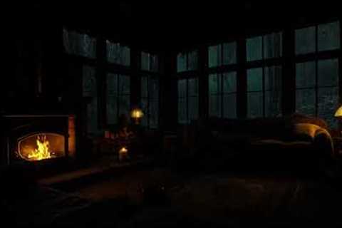 Rainy Night in Cozy Cabin | Rain on Window with Crackling Fireplace in the Forest for Deep Sleep