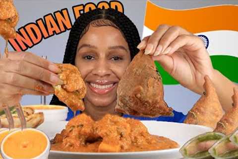 TRYING INDIAN FOOD - CHICKEN TIKKA MASALA WITH SAMOSA + NAAN + MANGO LASSI ASMR MUKBANG EATING