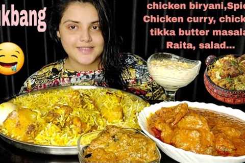 Eating Kolkata Style Chicken Dum Biriyani,Spicy chicken curry,chicken Tikka Butter Masala,Mukbang 🤤