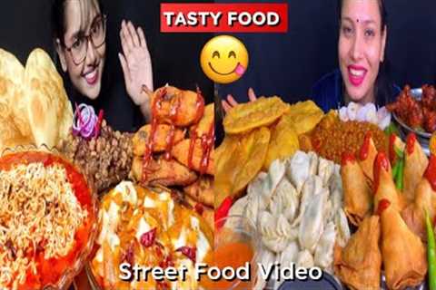 INDIAN STREET FOOD MUKBANG | ASMR EATING VIDEO😋🤤 | Momos,Noodles,samosa,Chicken Lollipop🌶️🥵Spicy