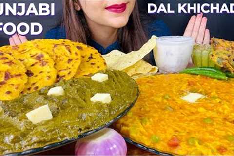 EATING SARSO DA SAAG WITH MAKKI DI ROTI | DAL KHICHADI | PALAK AND DHANIA PAKODA | INDIAN FOOD ASMR