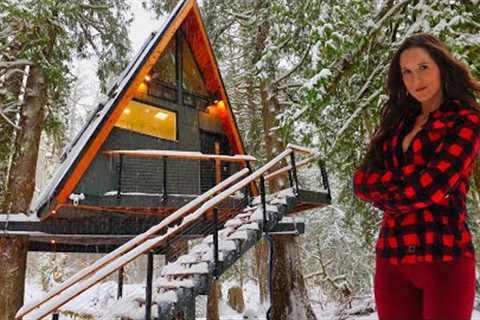 Living in a Tree House Cabin in the Woods! A-Frame Tiny Home Tour in a Snow Storm